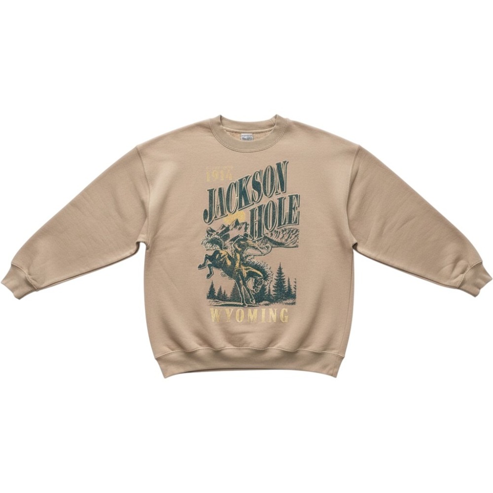 State of Mine Jackson Hole Sweatshirt Unisex Medium Tan Good Western Graphic